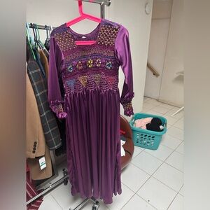 Purple Embroidered Long Sleeve Dress